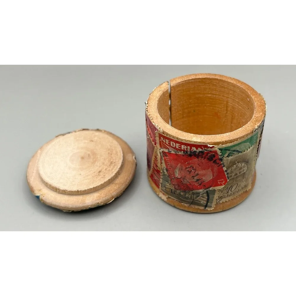 Vtg Decoupage Wooden Stamp Box International Philately Folk Art Trinket Jar 2